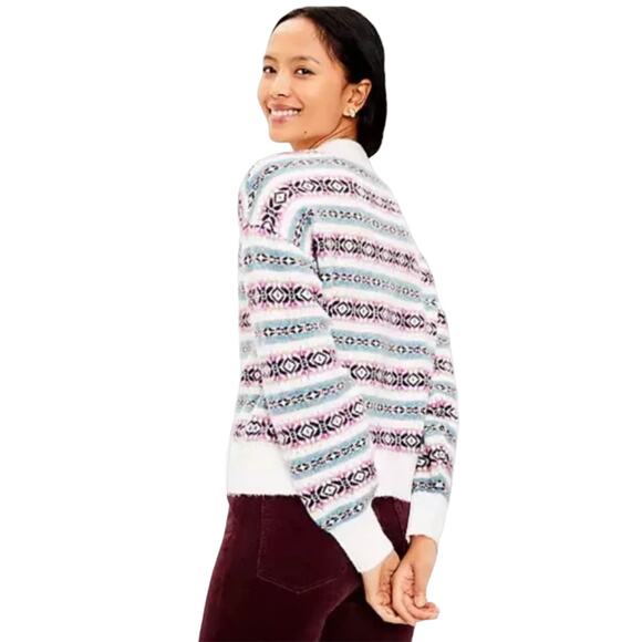 **NWT LOFT Ivory Fair Isle Relaxed Button Front Cardigan Sweater - Picture 5 of 10